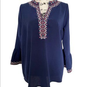 Peasant Tunic Blouse Navy Blue Top Embroidered Trimmed V-neck Bell Sleeves Sz L